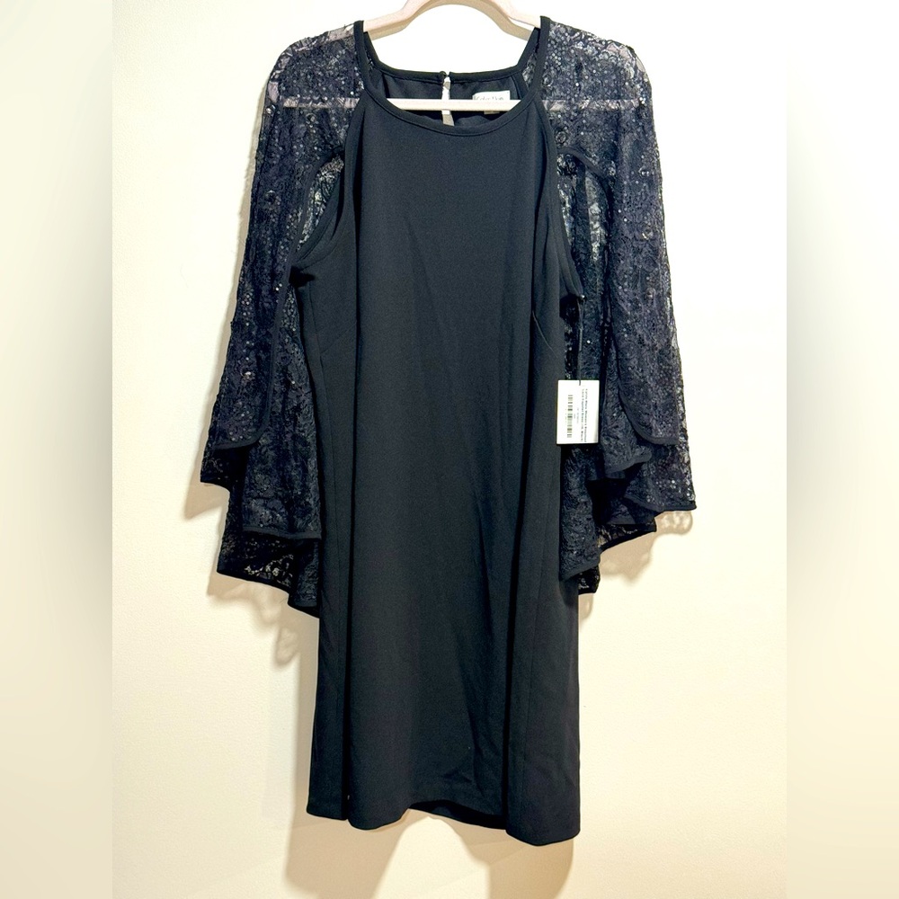 Calvin Klein Black Sequined Lace Capelet Shift Dress NEW Size 16